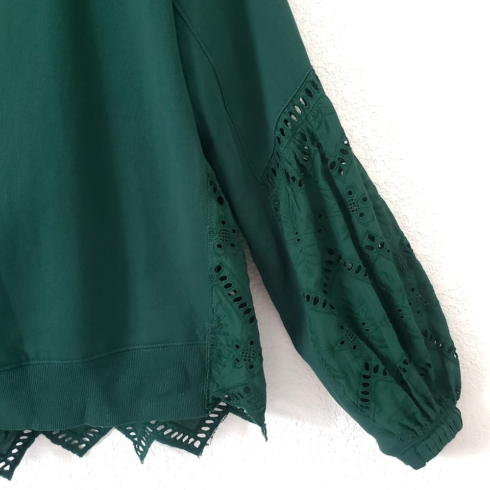 Anthropologie Forever That Girl Boho Green Lace Eyelet Sweatshirt Sweater S - Picture 13 of 16